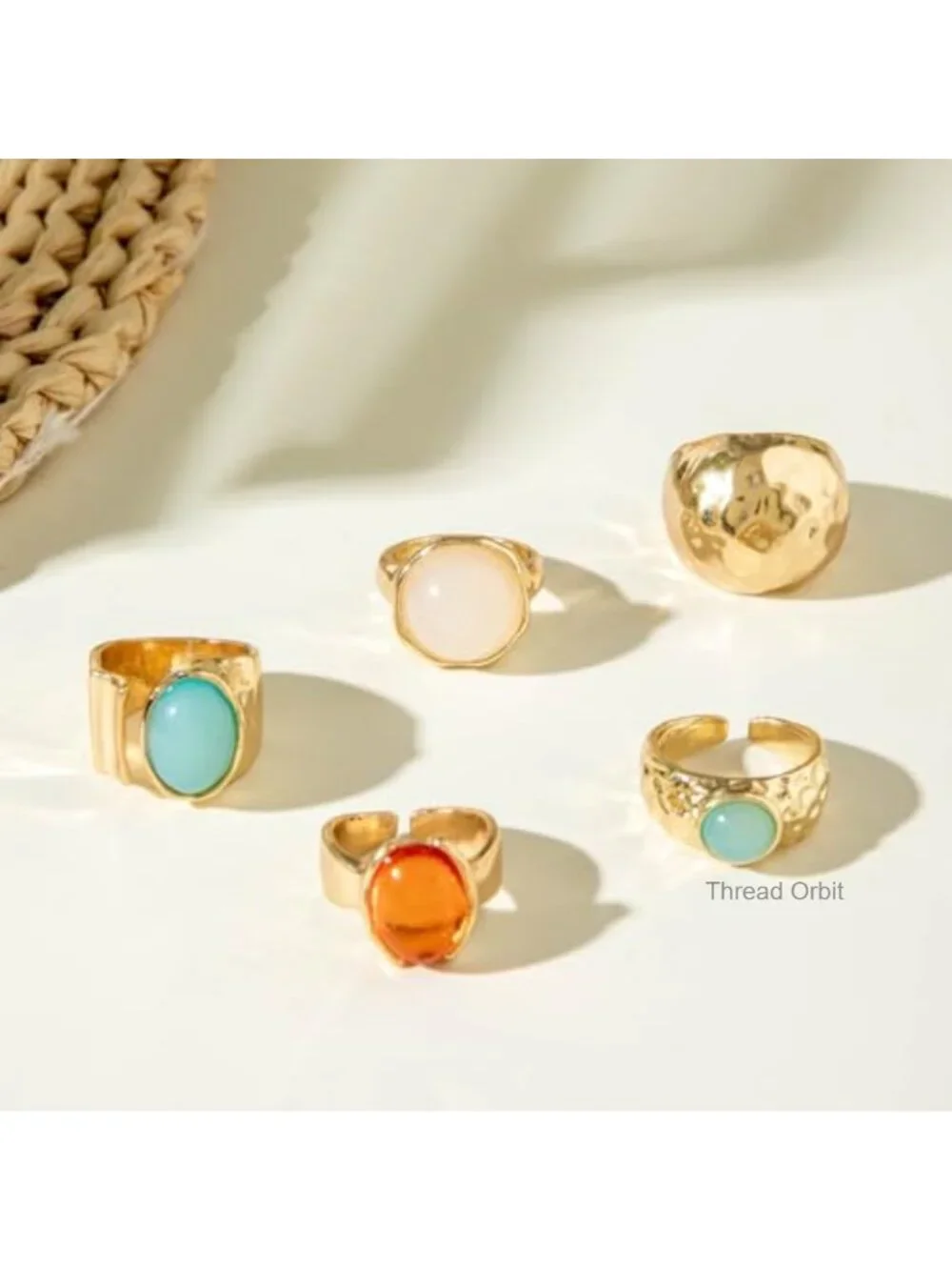 Chunky Gold Gemstone Ring Set Adjustable Stackable Statement Rings Geometric